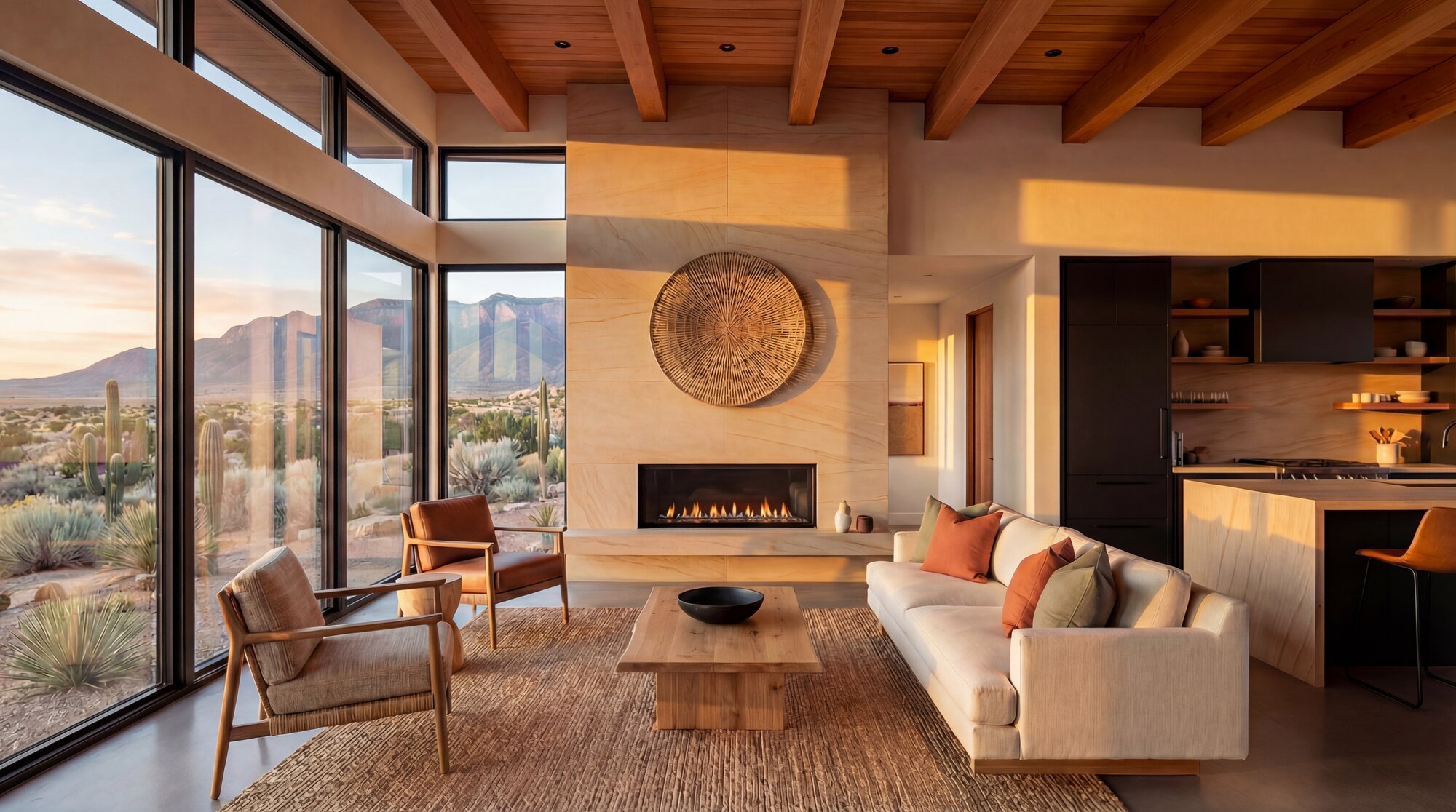 Modern living room with floor-to-ceiling windows, exposed beam ceiling, fireplace, and Sandia Mountain views at sunset