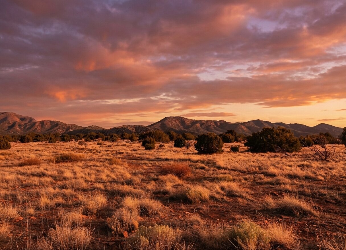 Sandia Mountains at sunset with golden hour light over high desert landscape