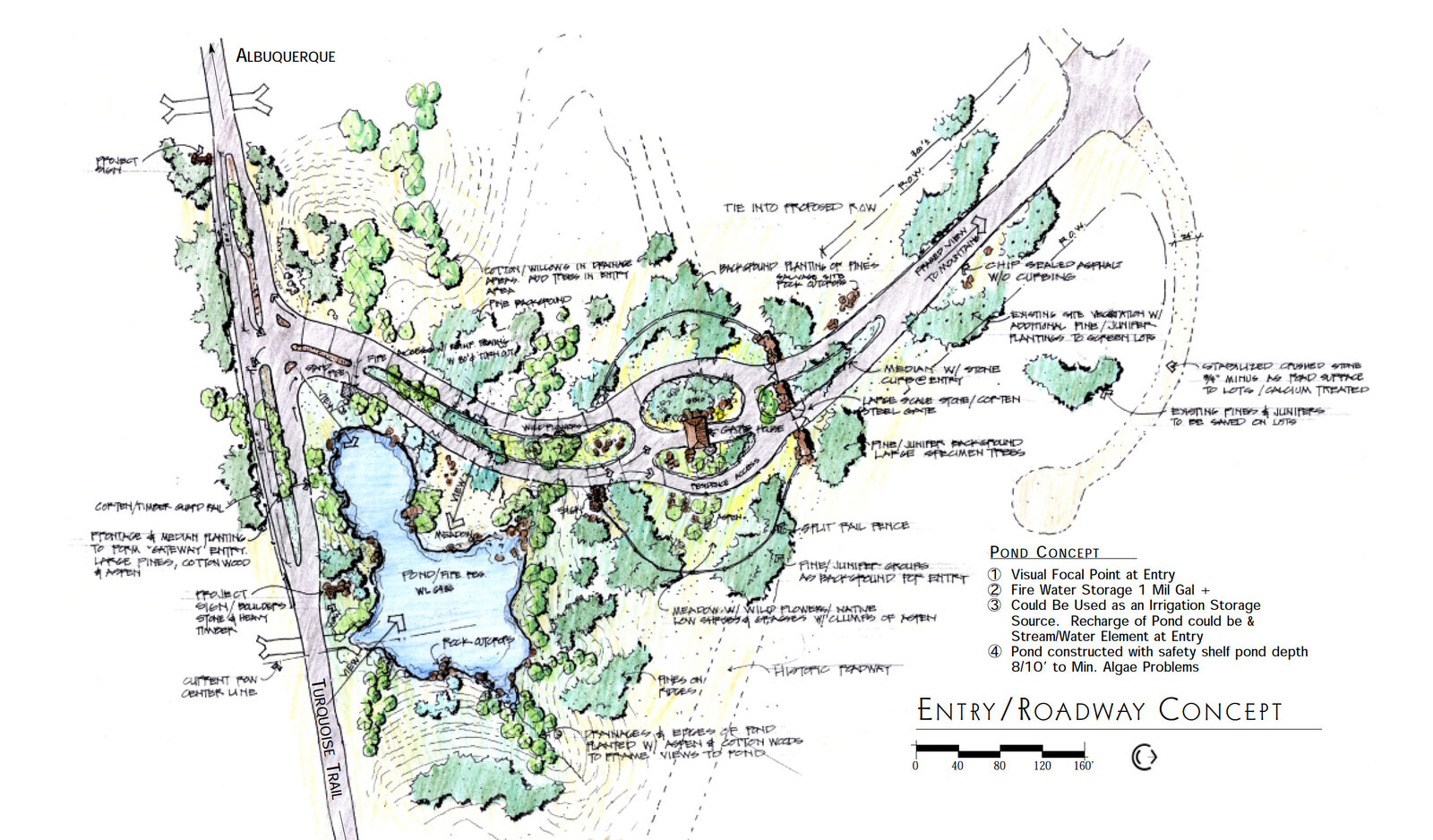 Architectural sketch showing entry and roadway concept for desert community