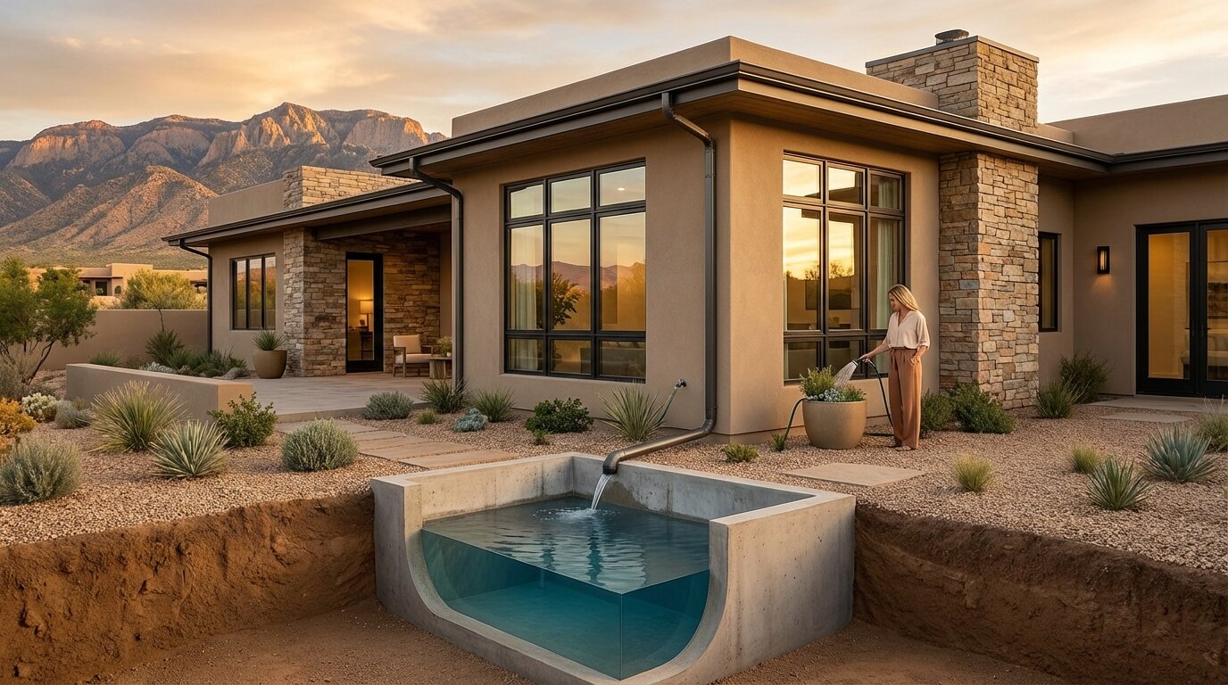 Modern desert home with underground rainwater capture cistern system